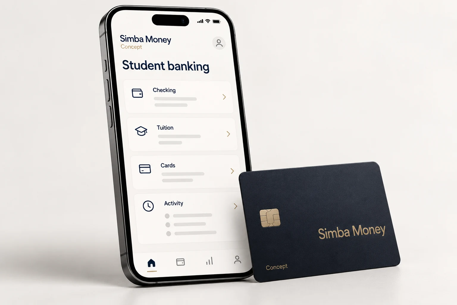 Concept of the Simba Money student app beside a navy payment card